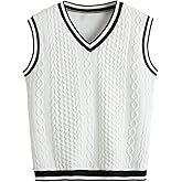 Floerns Women's Cable Knit Striped Trim Sweater Vest Sleeveless V Neck Preppy Tank Tops