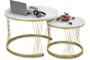 AT-VALY 27.5 Inch Round Nesting Coffee Table Set of 2, White Marble Look MDF Top & Gold Metal Legs, Modern End Tables for Liv