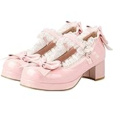LUXMAX Women Kawaii Mid Block Heel Mary Jane Rockabilly Pumps with Bow Platform Chunky Heel Cute Sweet Shoes