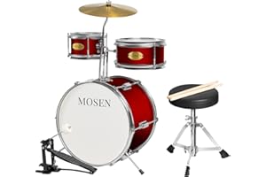 MOSEN MUSIC MOSEN Drum Set 3-Piece Beginner Drum Set Junior Drum Kit with Adjustable Throne, Cymbal, Pedal & Drumsticks Drums with Bass Tom Snare Drum - Red