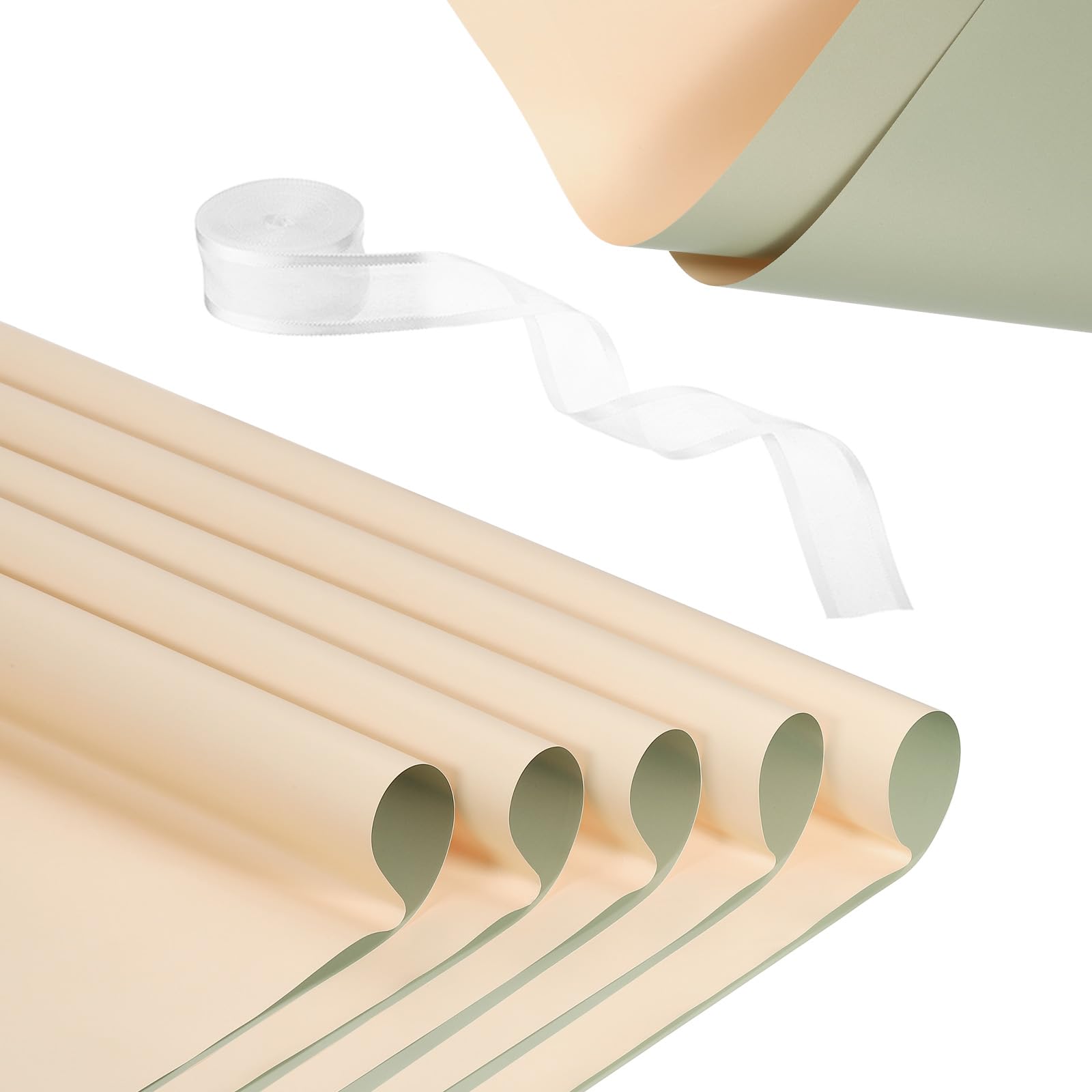 PATIKIL 20 Sheets Flower Wrapping Paper, Waterproof Flower Paper Wraps with Ribbon Floral Bouquet Supplies for DIY Crafts Packaging Bouquet, 22.8x22.8 Inch, Pale Green/Light Pink