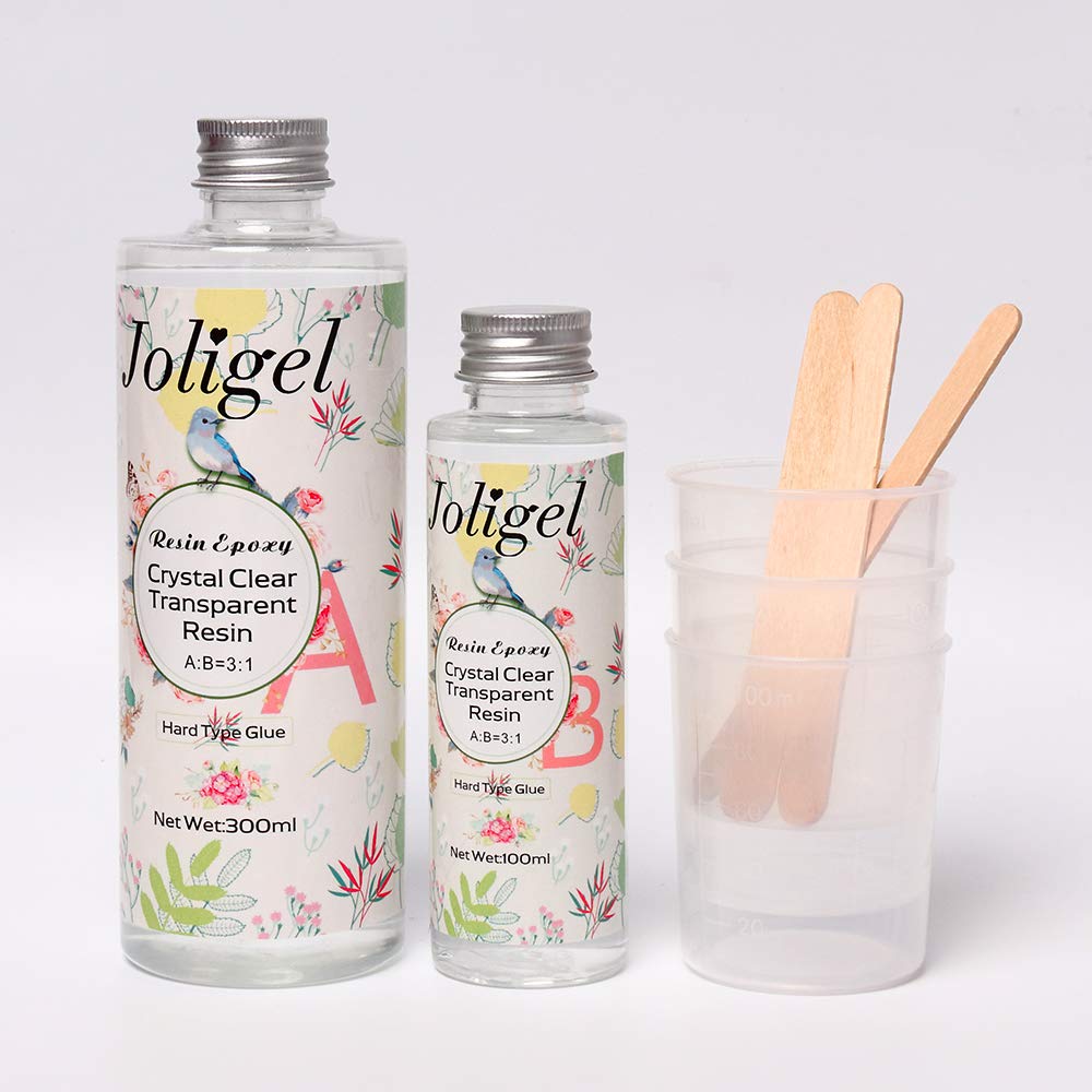Joligel400Ml Two Part Epoxy Resin AB Epoxy Resin Kit Crystal Clear Transparent Hard Type Glue 3:1 with 3 Measuring Mxing Cups & 3 Stir Bars for Casting & Coating