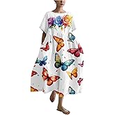 Biacolum Plus Size Boho Summer Dresses Casual Japanese Art Fashion T Shirt Dress Elegant Crew Neck Short Sleeve Sundress