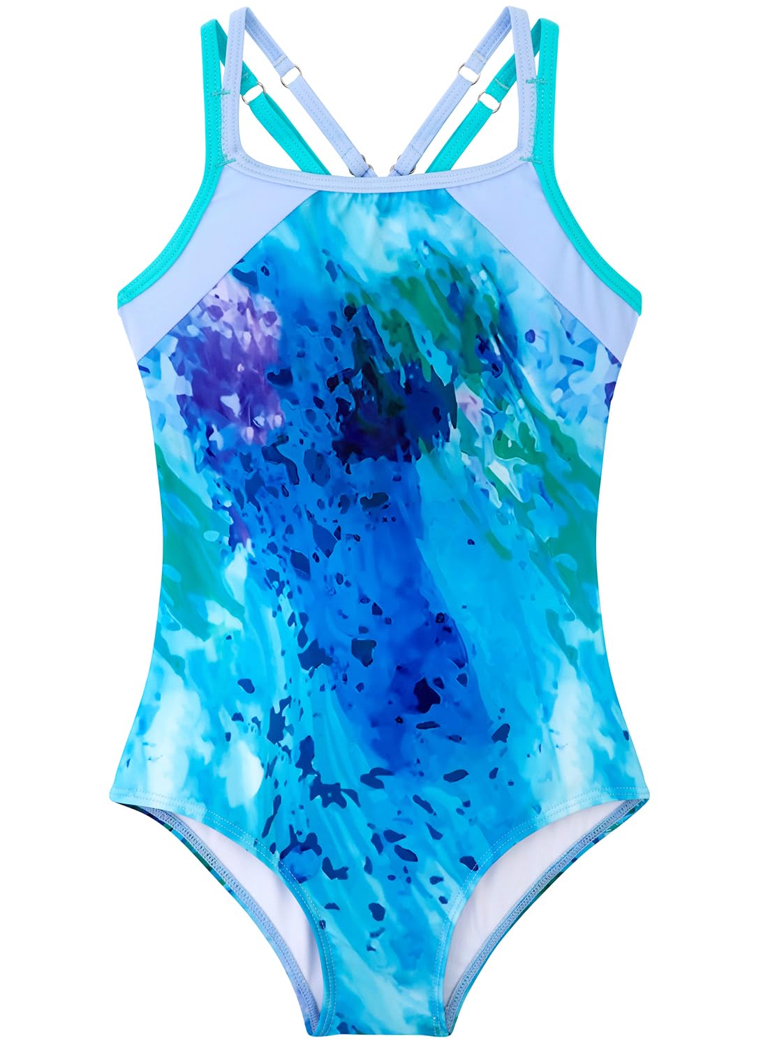 Photo 1 of Belovance Girls Swimsuits One Piece Athletic Bathing Suit Size 13 14 Double Adjustable Straps Back Cutout Sporty Color Block Kids Children Pool Beach Swimwear Quick Dry (Blue Tie Dye, 9-10 Years)