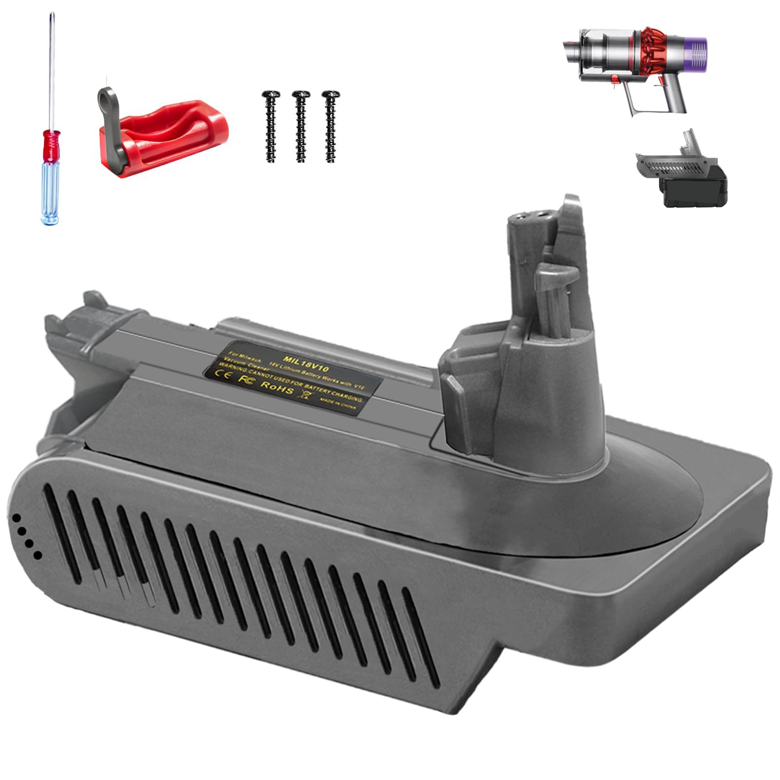 Photo 1 of ASUNT V10 Adapter for Milwaukee to for Dyson V10, Battery Converter for Milwaukee M-18 18V Li-ion Battery to for Dyson Cyclone V10 Animal Absolute Fluffy SV12 Vacuum Cleaner W/Trigger Lock&Screwdriver