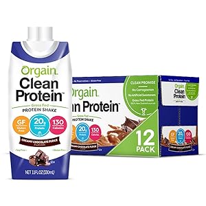 Orgain Grass Fed Clean Protein Shake, Creamy Chocolate Fudge - Meal Replacement, Ready to Drink, Gluten Free, Soy Free, Kosher, Non-GMO Packaging May Vary,11 Fl Oz (Pack of 12)