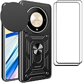 CNPUTAO Case for Honor X9b / Magic 6 Lite 5G with Tempered Glass Screen Protector [2 Pack],Sliding Camera Window, Kickstand, Shock-Proof Anti-Scratch Dual-Layer Phone Cover, Black