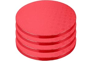 PIXIPY Cake Boards - 4 Pack, 12 inch, Red - Reusable Round Cake Drums for Showstopping Desserts - Heavy-Duty Cardboard Bases with Elegant Patterns - Sturdy 1/2 Inch Thick - Professional Fully Wrapped Edges
