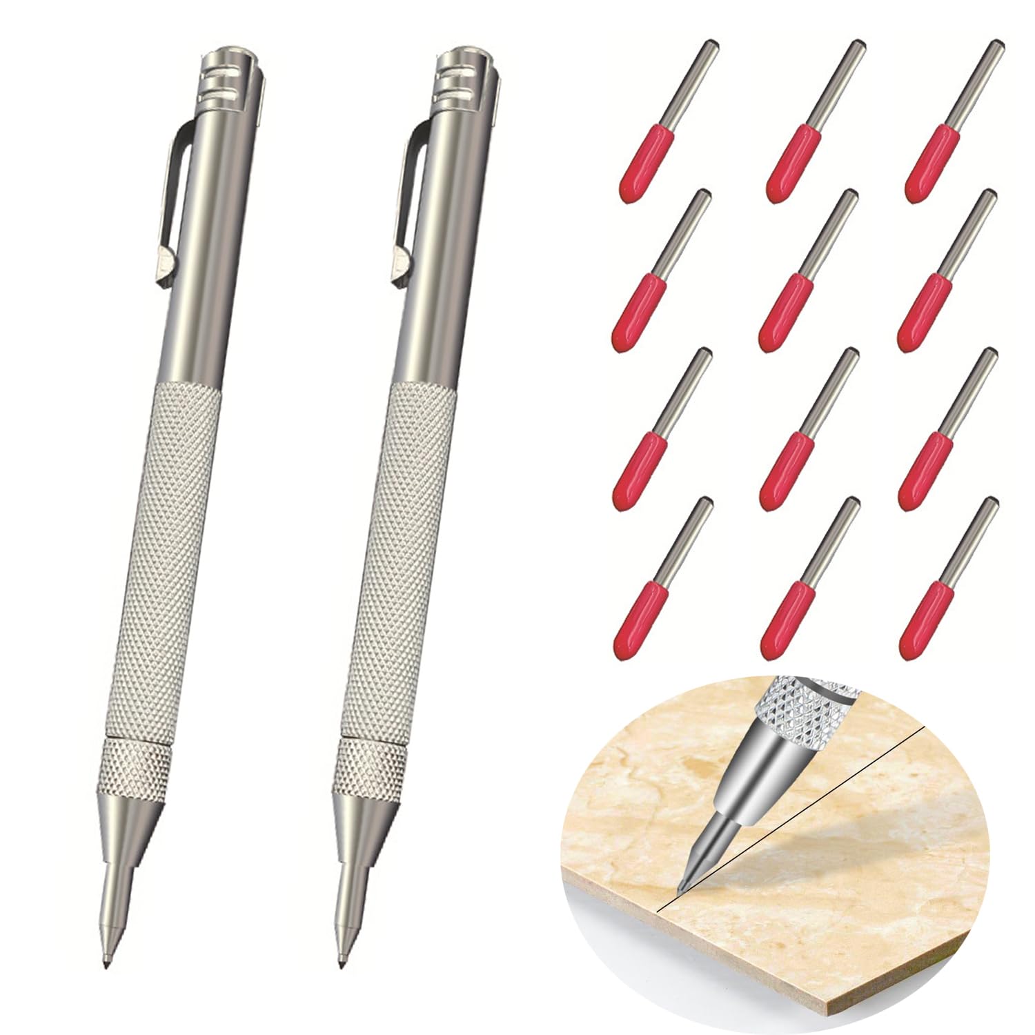 2pcs Tungsten Carbide Tip Scriber with 12 Replacement Marking Tip, Aluminium Magnet Carbide Scribe Tool Etching Pen with Clip, Metal Engraving Pen for Glass, Ceramics. Hardened Steel Metal Sheet.