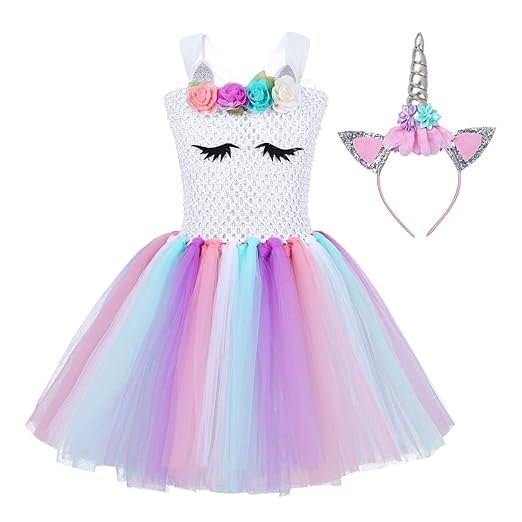 Agoky Mädchen Kleid Einhorn Haarreif Bunter Tutu Tütü Rock Cosplay Party Festzug Prinzessin Verkleidung Outfits Weinachten Fa
