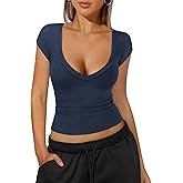 NEJXQ Womens Deep V Neck T Shirts for Women Ribbed Knit Slim Short Cap Sleeve Tee Casual Backless Workout Going Out Tops
