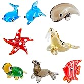 Hobbspring 8 Styles Hand Blown Glass Figurines Miniature Animal Glass Decor Includes Whale Walrus Dolphin Butterflyfish Turtle Starfish Sea Dog Animal Figurine for Collectible Home Decor Gifts