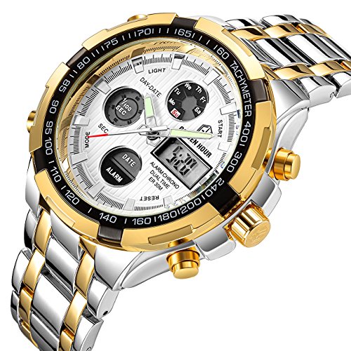 Affute Luxury Sport Digital Analog Quartz Watches for Men Waterproof Led Chronograph Stainless Steel Wristwatch,Gold Silver