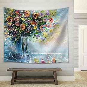 Original Oil Painting of Beautiful Vase or Bowl of Fresh Flowers. on Canvas.Modern Impressionism, Modernism,Marinism - Fabric Wall Tapestry Home Decor - 51x60 inches