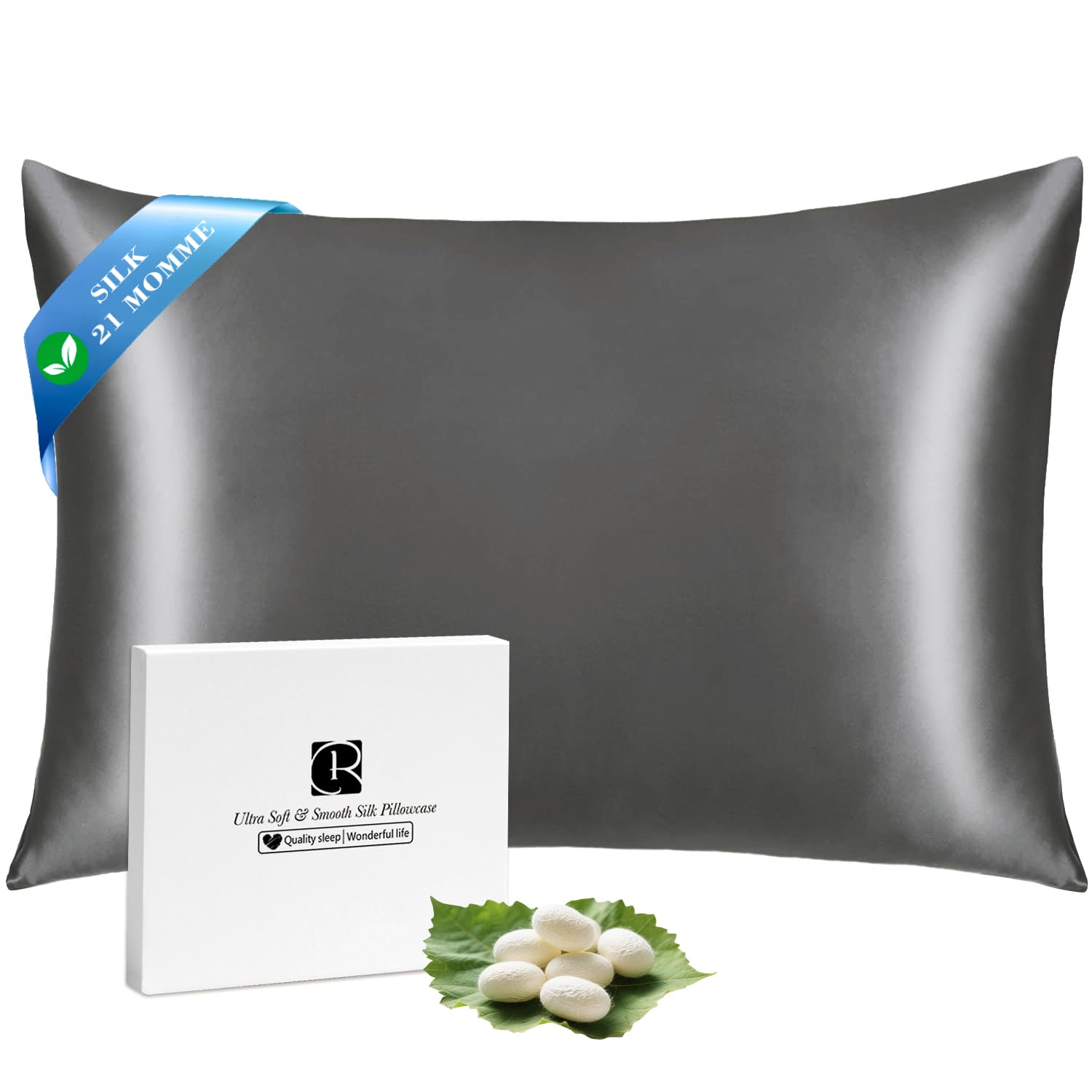 Ravmix Silk Pillowcase for Hair and Skin 21Momme Both Sides Mulberry Silk Pillow Case with Hidden Zipper, 1PCS, Standard 50×75cm, Space Grey