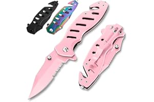 GOOD WORKER Pink Pocket Knife for Women - Legal Small Knife - 2.68 Inch Serrated Blade - Womens Knife for Self Defense - Cute Girl Survival Tool Pocket & Folding Knives - Mothers Day Gift Idea - 6655 P