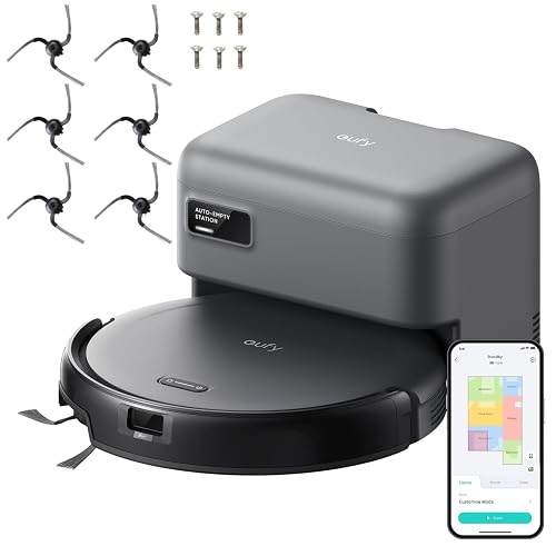 eufy Robot Vacuum C10 with Self Empty Station with Replacement Side Brush 4000Pa, 2.85-Inch Slim Body, Up to 60 Days of Hands Free Cleaning,Carpet Cleaning, Edge Expansion Brush,Point Laser Navigation