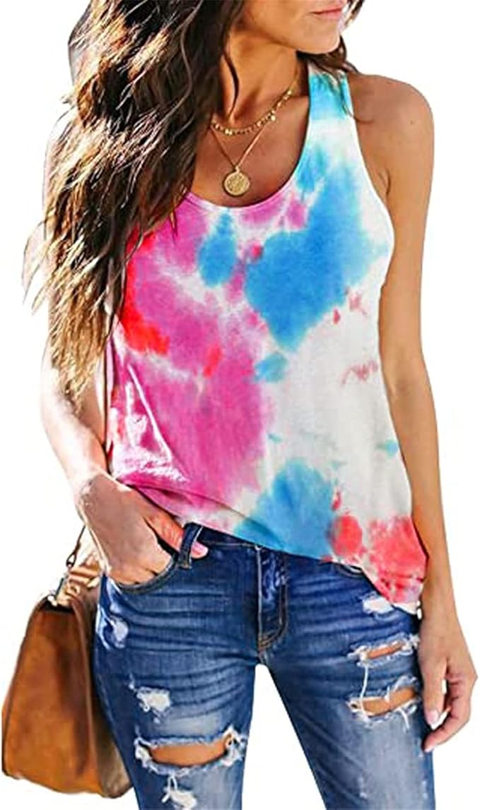 Women's Summer TieDye Sleeveless Scoop Neck TShirt Casual Tee Tops