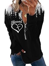 TIAFORD Women's Half Zip Cow Print Sweatshirt Long