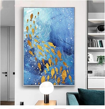 Xixsa Style Nordique Bleu Huile Toile Peinture Or Feuille Poisson Mer Abstrait Decoratif Image Pour Salon Decoration De La Maison Mur Art 50 70 Cm No Frame Amazon Fr Cuisine Maison