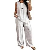 SOLY HUX Women's Plus Size 2 Piece Outfits Summer Notch Neck Tank Tops and Wide Leg Pants Matching Sets