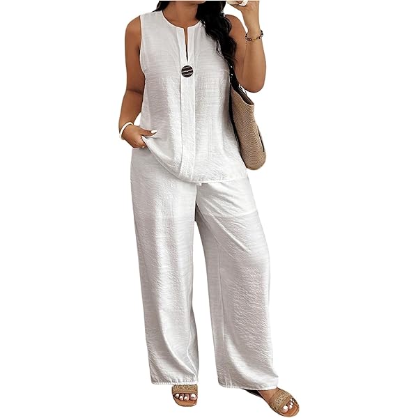 Set Completo Due Pezzi Da Donna – Top Scollo A Sciarpa Senza Maniche E Pantaloni A Gamba Larga Vita Alta, Arancione