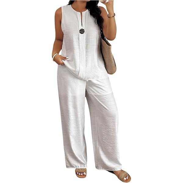 Set Completo Due Pezzi Da Donna – Top Scollo A Sciarpa Senza Maniche E Pantaloni A Gamba Larga Vita Alta, Arancione
