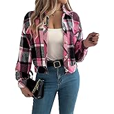AMOMA Women's Long Sleeve Cropped Flannel Plaid Shacket Button Down Plaid Crop Short Jacket Coat