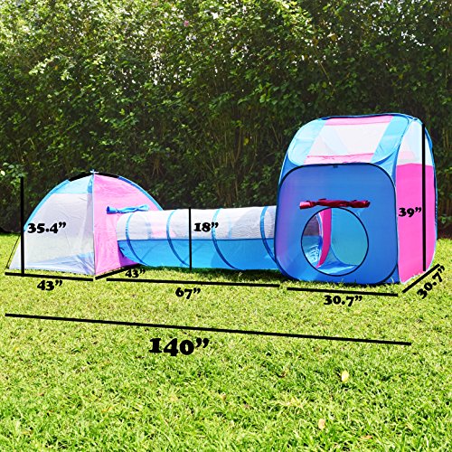 Unicorn Kids Play Tent with Tunnel - 3-in-1 Playhut Hours of Indoor Outdoor Fun Popup X-Large Ball Pit for Children (Pink and Blue)