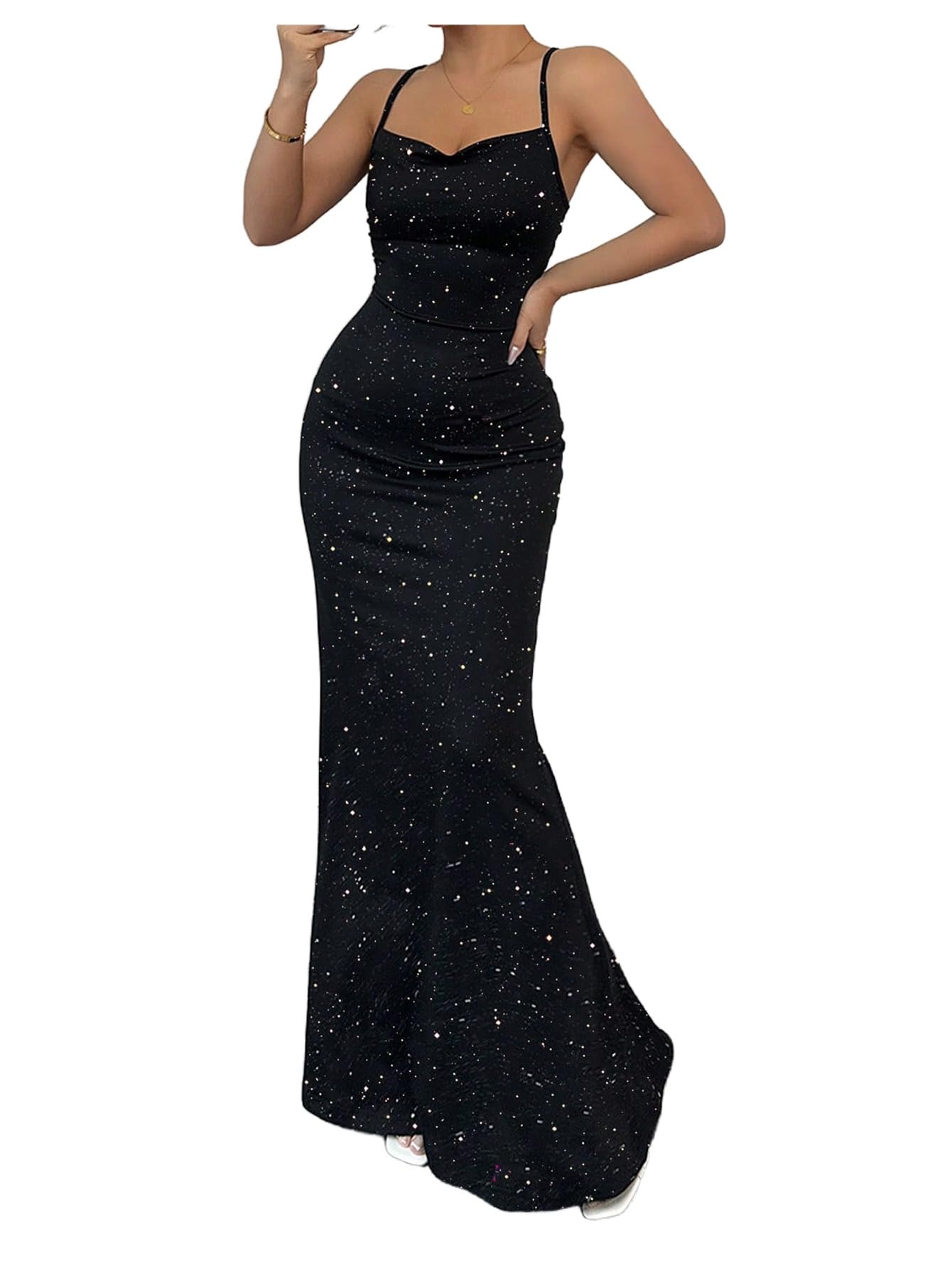 Photo 1 of Floerns Women's 2025 Sexy Sparkly Backless Bodycon Spaghetti Strap Elegant Lace Up Maxi Cocktail Party Dresses Black Medium