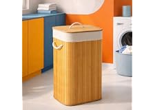 Cesto de Roupas em Bambu 60L com Tampa e Alças, Organizador Lavanderia Dobrável com Revestimento Interno Removível, Design Moderno para Banheiro Quarto Lavanderia Alta Capacidade e Durabilidade Luxo