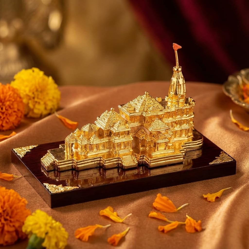ZAARIYA Ram Mandir Ayodhya Model 3D Idol for Home Decoration, Indian Gifting, Temple Decor & Pooja Room Decoration | Shri Rama Janmabhoomi Mini Statue Showpiece (Gold with Base) - 6 x 5 x 4.5 Inches
