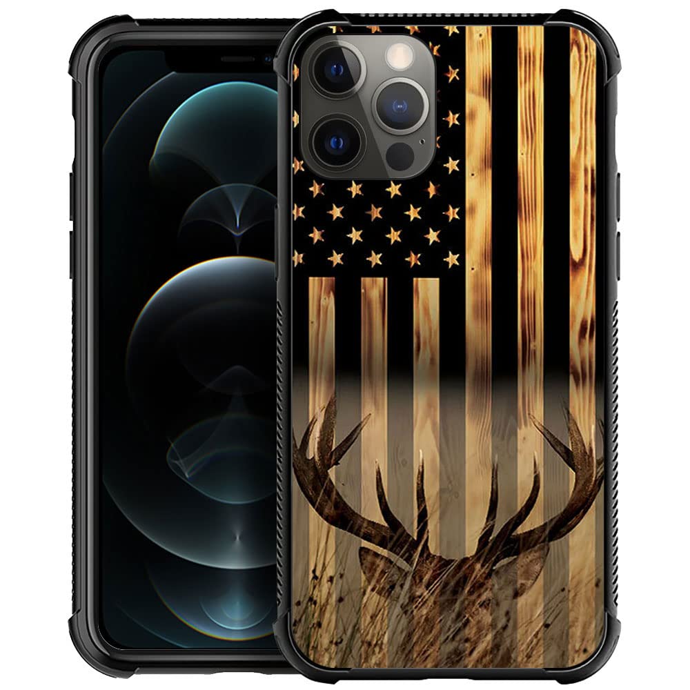DJSOK Compatible with iPhone 13 Mini Case，Design Pattern Back Bumper Anti Scratch Reinforced Corners Soft TPU Caver,Cases for Men Women-Wood Grain American Flag Buck Hunter Deer