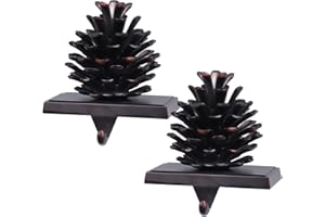 Hxezoc 2 Pack Pine Cone Christmas Stocking Holders, 3D Brown Metal Mantel Stocking Hangers for Christmas Fireplace Mantel Decorations Christmas Holiday Supplies