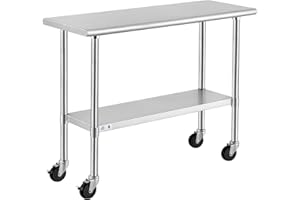 ROCKPOINT Stainless Steel Table for Prep & Work with Caster Wheels 18x48 Inches, NSF Metal Commercial Kitchen Heavy Duty Table with Adjustable Under Shelf and Table Foot for Restaurant, Home and Hotel
