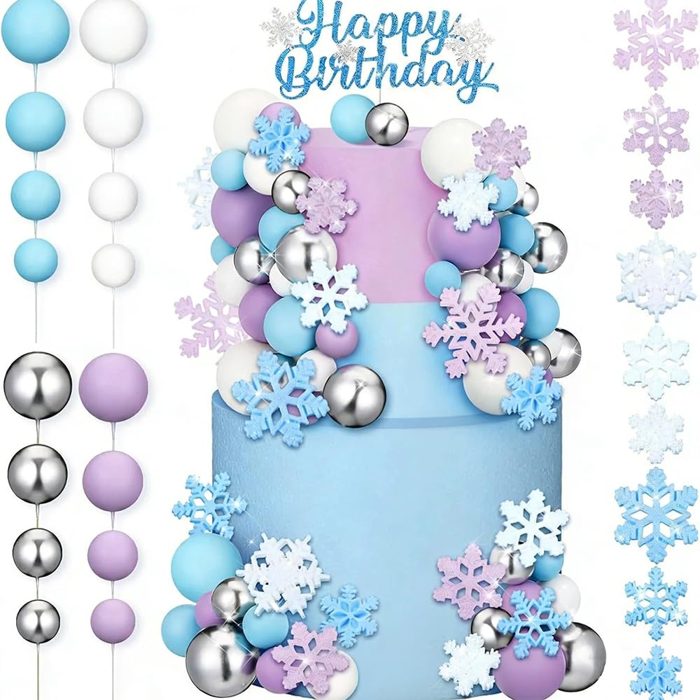 68Pcs Frozen Theme Cake Decorations Set - Snowflake Cupcake Toppers with Birthday Sign for Girls Winter Wonderland Party, Non-Edible Safe Cake Decor Kit for Kids Birthday Celebration