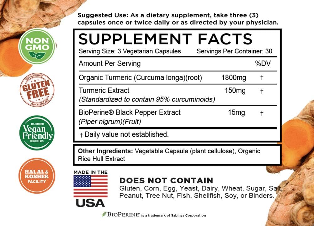 Turmeric Curcumin with BioPerine Black Pepper & 95% Curcuminoids, 1965mg, Maximum Absorption for Joint Support & Healthy Inflammatory Response, Non-GMO Turmeric Capsules, Made in USA - 90 Veg Caps: Health & Personal Care