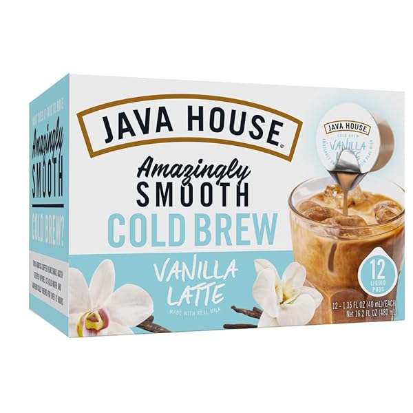 JAVA HOUSE FRENCH VANILLA LATTE COLD BREW COFFEE PODS, (12 COUNT) PEEL AND POUR PODS HOT OR ICED