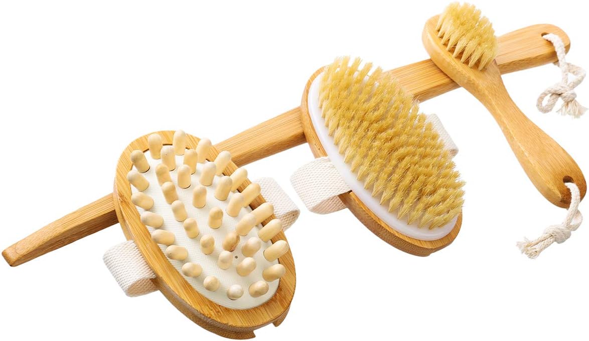 Tooca Bath Brush Set, Body Brush & Massage Brush with Removable Wooden Handle, Three Sets of Natural Bristle Back Massage Bath Brush Set, Dry Skin Brush,Bath and Facial Exfoliating Brush