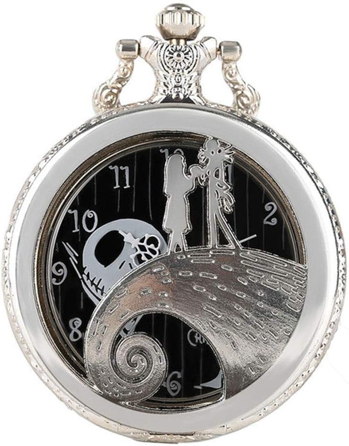 Vintage Silver Nightmare Before Christmas Quartz Pocket Watch with Chain, Men Women Pocket Watch with Gift Box for Christmas