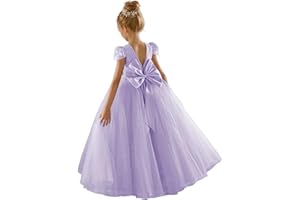 JISISANG Flower Girls Lace Cap Sleeve Dress for Wedding Puffy Tulle Back V-Neck Pageant Prom Ball Gown with Bow