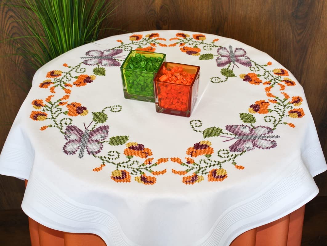 DECO-LINE Butterfly and Flowers Printed Tablecloth Embroidery KIT, White, 80 X 80 cm, 31.5 inch (Round)