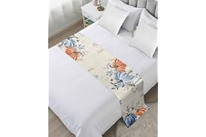 LDTRCHEE Orange Blue Pumpkins Bed Runner for Queen Size Bed, Fall Decorative Bed Scarf Throws for Foot of Bed, Thanksgiving Elegant Leaves Luxury Bedding Protector Slipcover Bed Runners for Home, 83 x 20 Inch