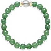 Belacqua Natural Green Jade or Milkly Blue Aquamarine and Freshwater Pearl Stretch Bracelet in 14K Yellow Gold Beads, Length 6.5 to 8.5 Inches, Jewelry for Women, Gift Box Included