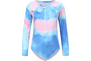 Zestonie Girls Long Sleeve Rash Guard One Piece Swimsuits for Kids Tie Dye Bathing Suit UPF 50+ Swim Shirts 3-16 Years