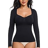 ONEW Shapewear Tummy Control Long Sleeve Shirts For Women Seamless V Neck Compression Shirt Slimming Body Shaper
