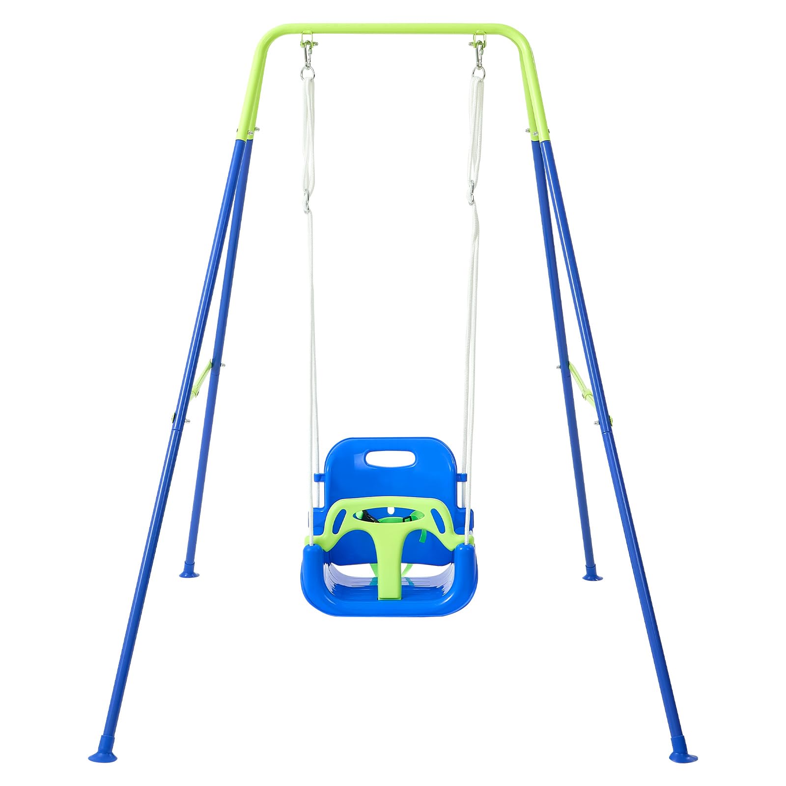FUNLIO Toddler Swing with Foldable Metal Stand for Toddlers Aged 1~10 Years, 3-in-1 Baby Swing Set with 4 Sandbags for Backyard/Indoor/Outdoor Play, Easy to Assemble & Store - Bluegreen