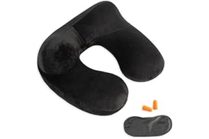 Makimoo Inflatable Travel Pillow, Neck Pillow Support for Traveling, Airplanes, Cars, and Offices with Compact Carrying Bag, Soft Velvet Washable Cover, Ideal for Adult Sleepers (Black)