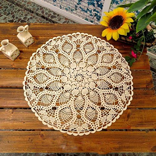 Handmade Crochet Round Placemat Cotton Lace Table Sofa Doily, Waterlily, Beige, 23 inch(60cm)