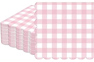 OJUSTBEOK 50Pcs Pink Scalloped Napkins Pink And White Checkered Decorative Party Supplies Light Plaid Gingham Dessert Napkins for Girls Women Wedding Birthday Baby Shower Summer Picnic Party Favor